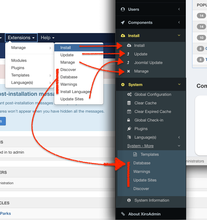 Menu joomla Manager on XiroAdmin template