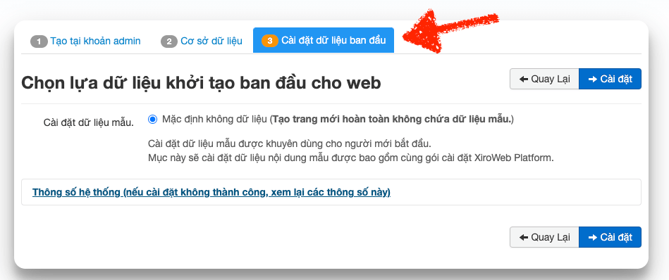 Bước cài đặt dữ liệu khởi tạo cho Xiroweb Platform