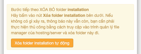 Bấm vào nút Xoá folder installation tự động khi bạn thấy thông báo này