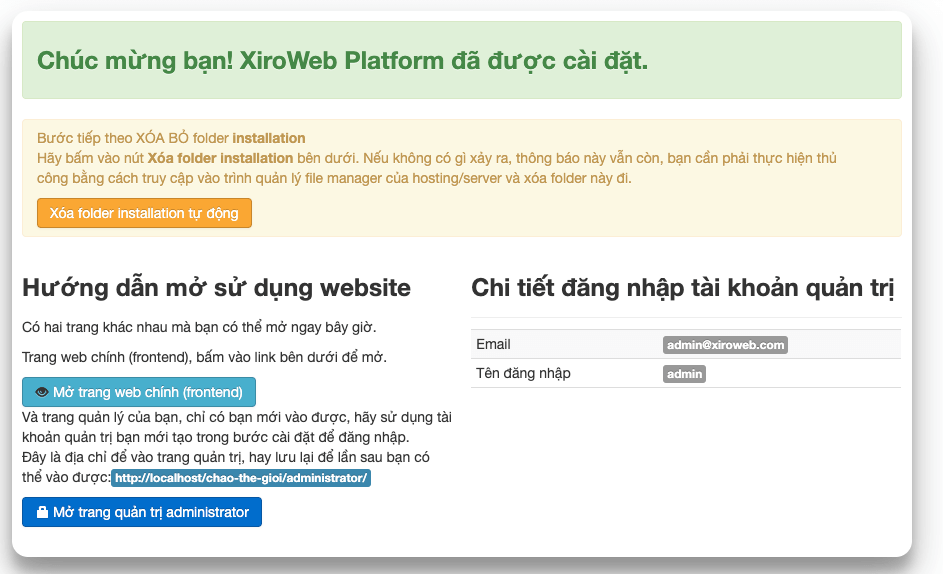 Bước cài đặt Xiroweb Platform đã được thực hiện