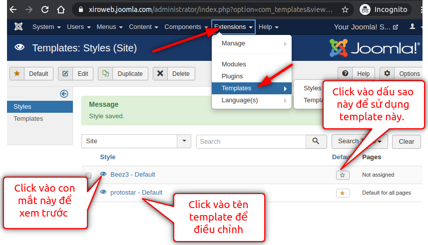 Click xem và điều chỉnh chi tiết giao diện template joomla