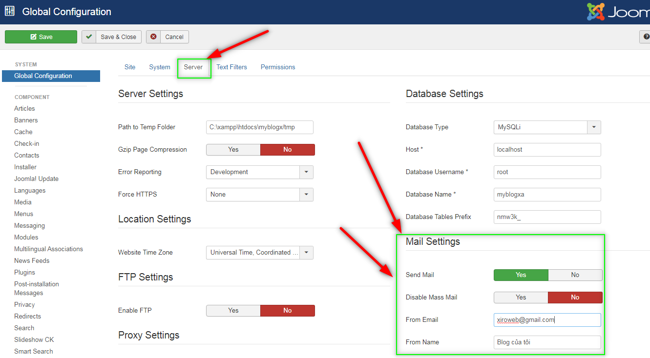 Nơi cấu hình email joomla