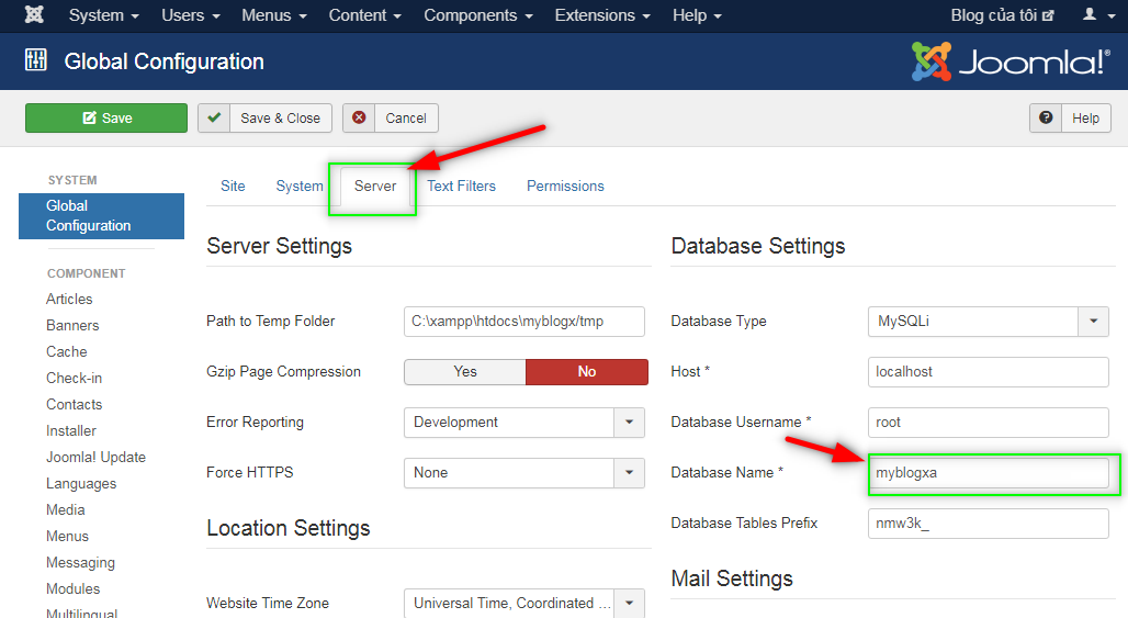 Xem thông số name database tại trang confi