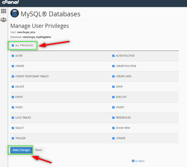 Xác lập chi tiết các quyền mà user có thể thực hiện vào database