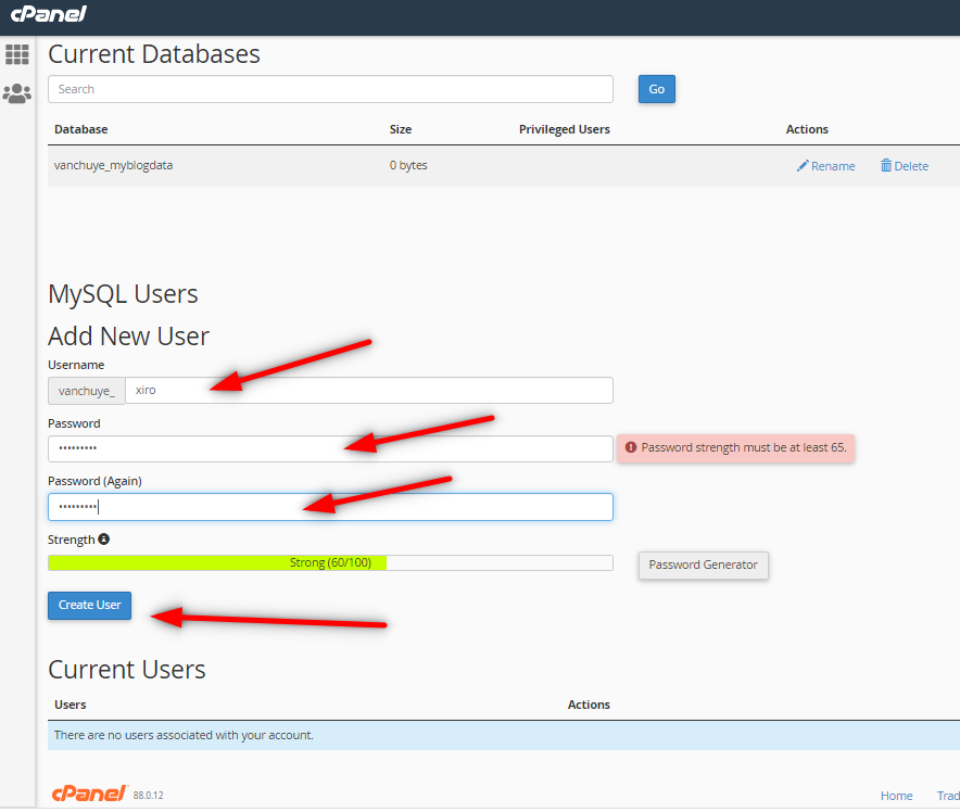 MySQL cPanel thêm user