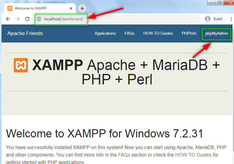 vào trang phpmyadmin từ localhost xampp