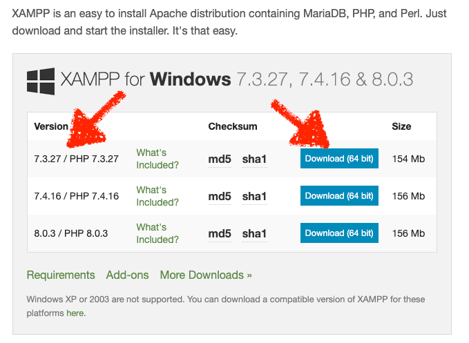 Trang download của XAMPP với các phiên bản