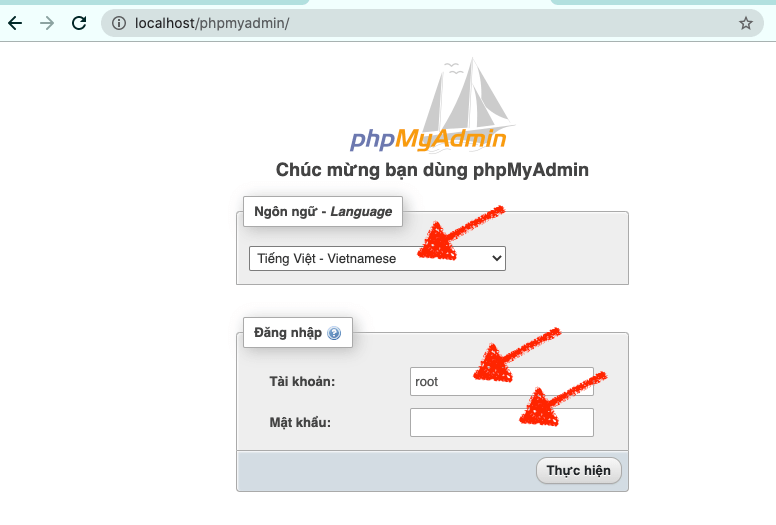 Trang đăng nhập khi vào phpMyAdmin