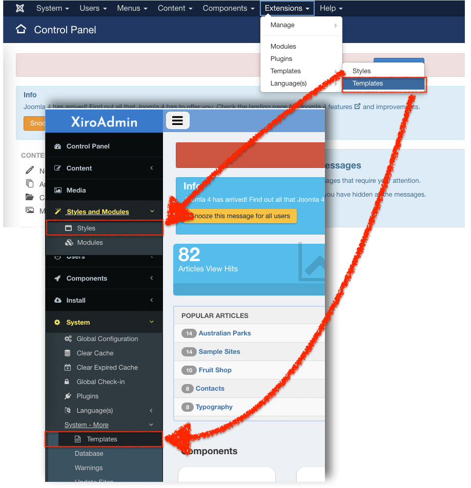 Compare default administrator joomla menu template with XiroAdmin