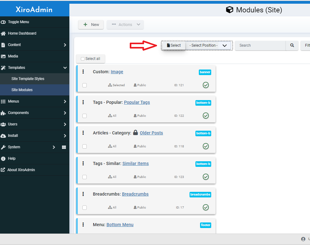 Module manager select by click position