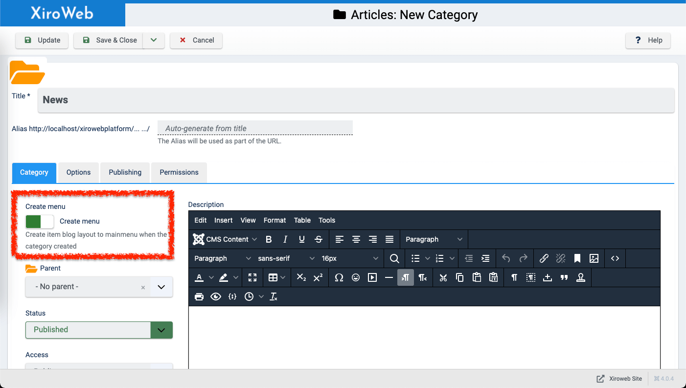 Create menu blog type when create category