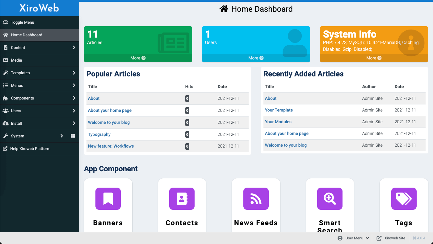 Dashboard admin with Xiroadmin template